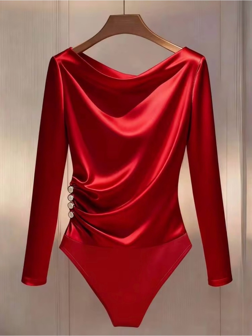 Elegant Red Satin Long-Sleeve Bodysuit
